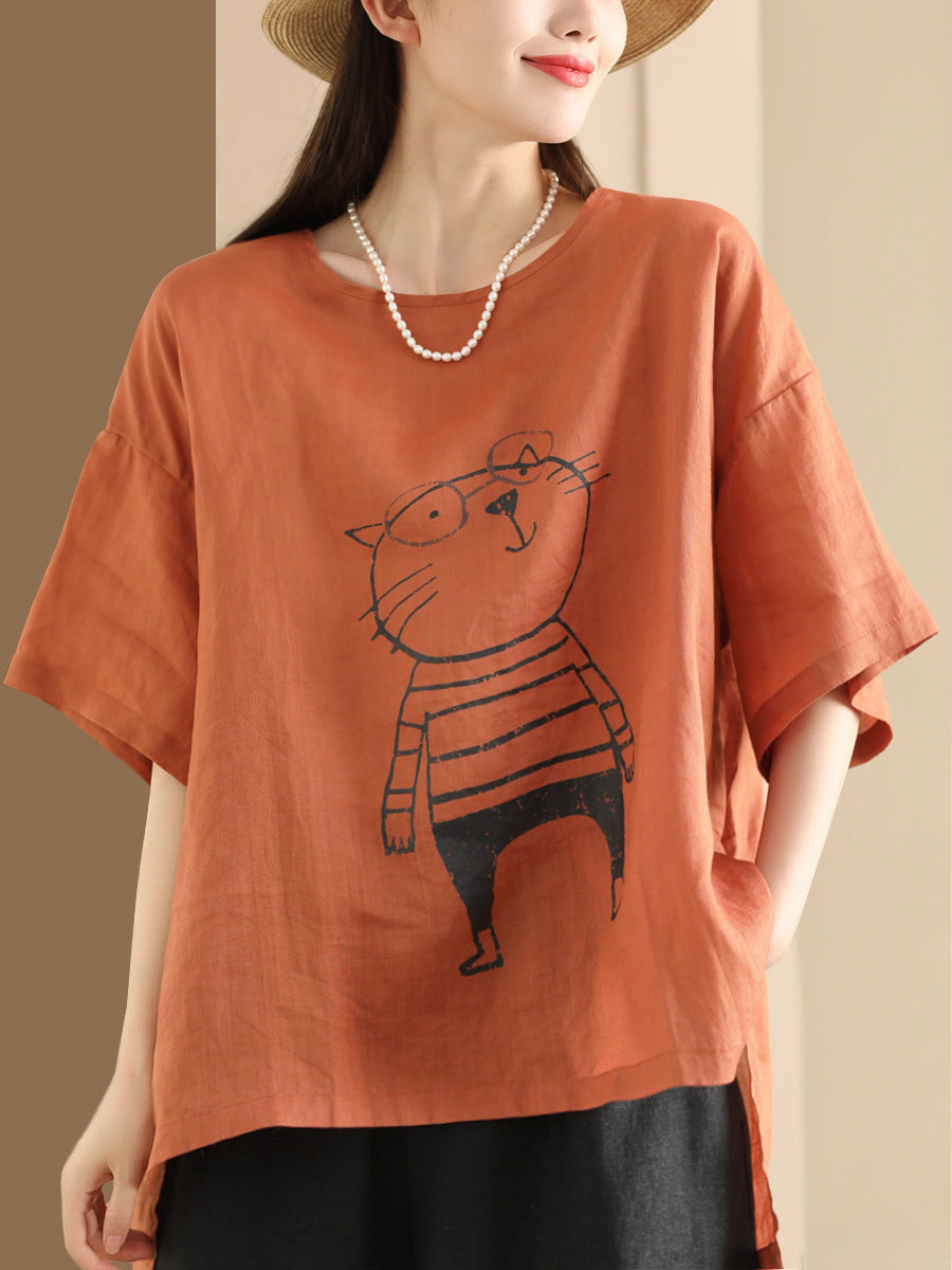 Women Summer Cartoon Cat Print Ramie Pullover Shirt OO1034