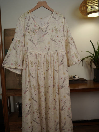 Robe d'été ethnique à fleurs et col en V pour femme en ramie avec boucle TY1007