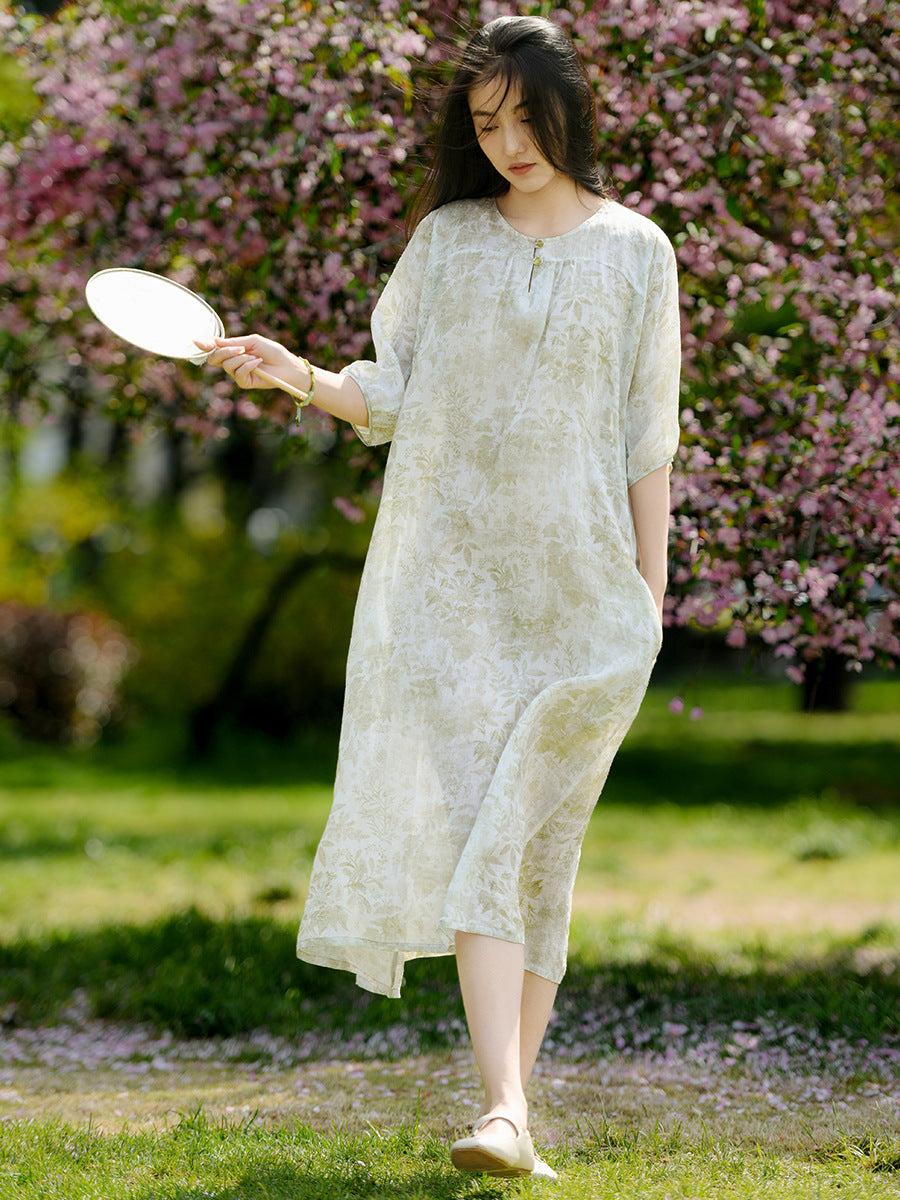 Damen Sommerkleid mit Blumendruck und lockerem Ramie-Muster OO1025