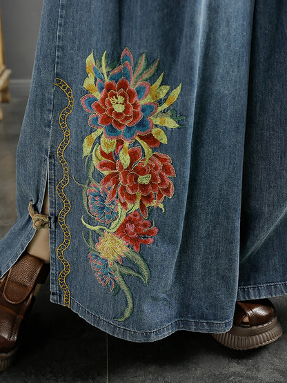 Pantalon d'été en denim à jambe large avec broderie florale artistique pour femme CO1043