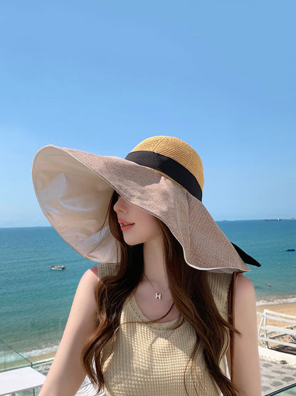 Chapeau d'été à large bord pour femme, résistant au soleil, colorblock, WE1002 