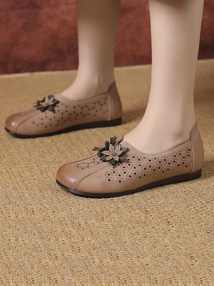 Women Vintage Leather Flower Cutout Flat Shoes KL1034