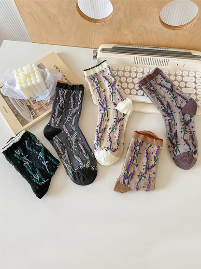 Lot de 5 paires de chaussettes en coton à imprimé floral et jacquard pour femme AH1024