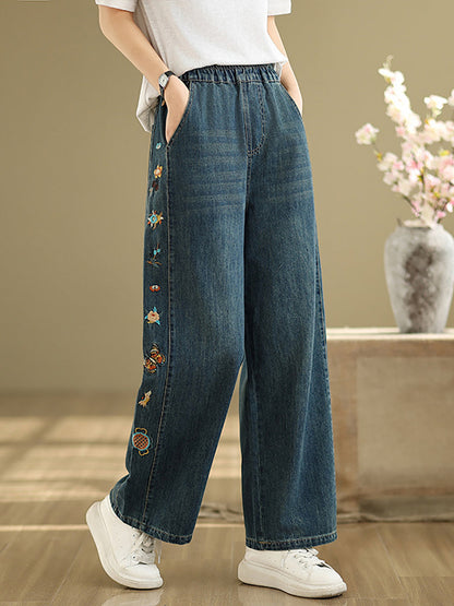 Pantalon brodé pour femme, jambe large, style rétro, en denim 