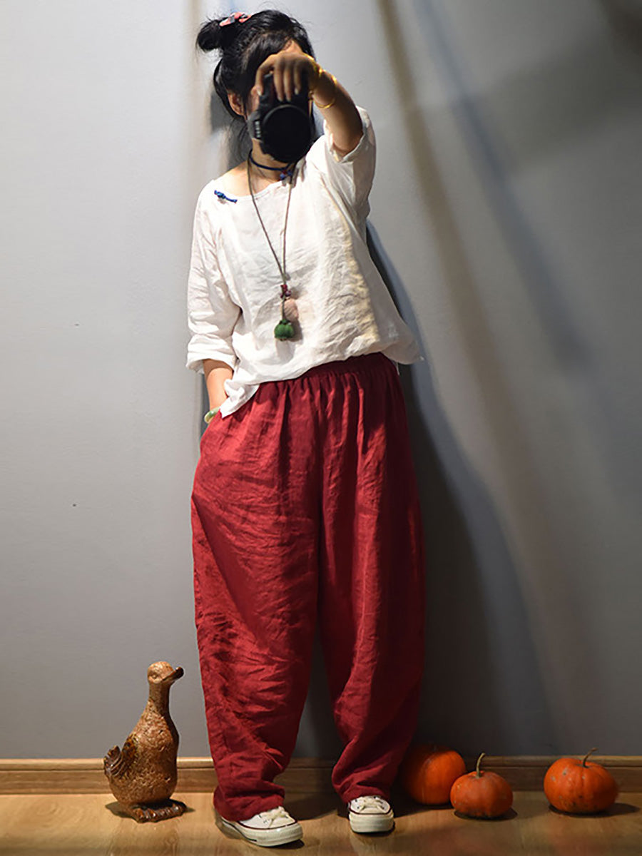 Women Vintage Spring Linen Solid Harem Pants FD040