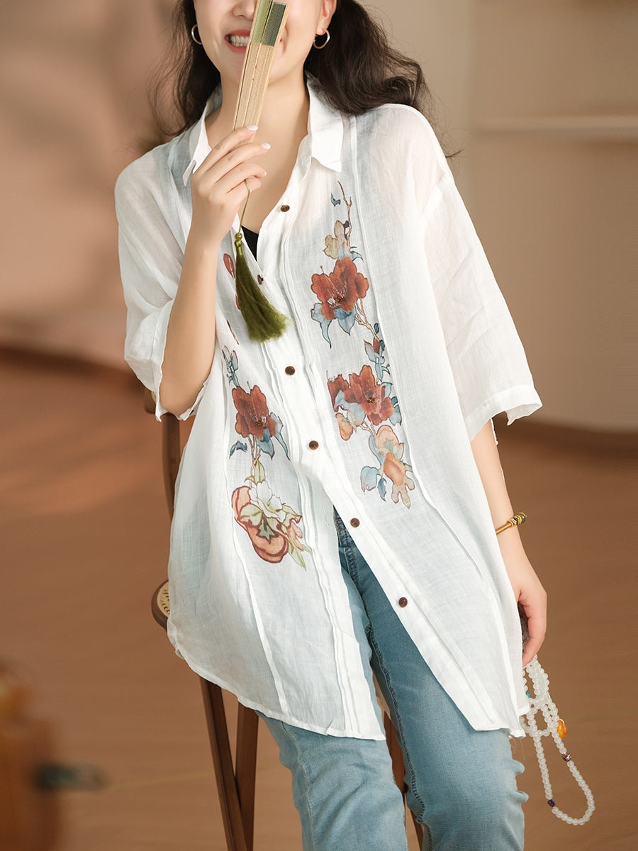 Damen Sommer Artsy Flower Shirred Button-up Ramie Shirt LL041