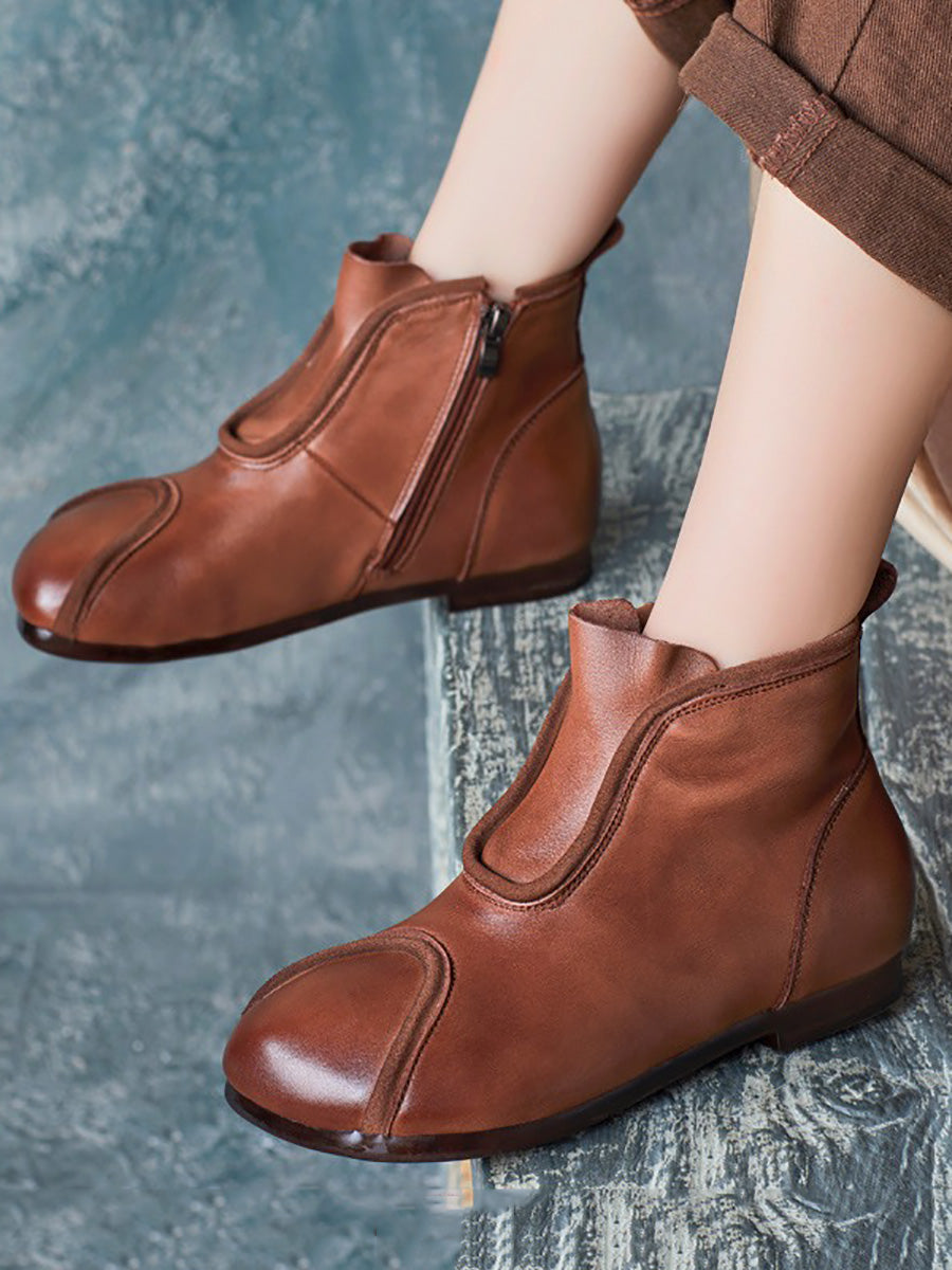 Women Genuine Leather Spliced Solid Low Heel Ankle Boots AH1064