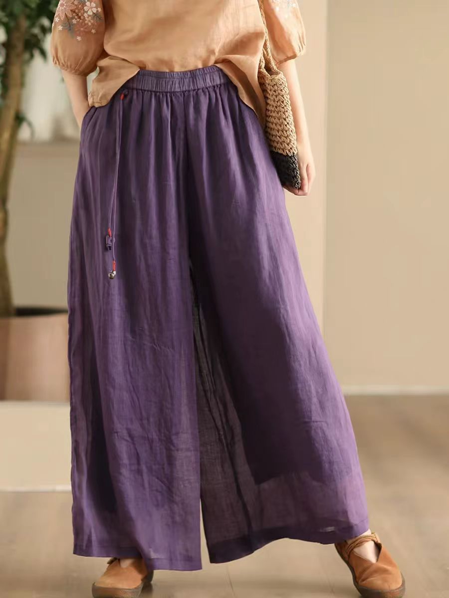 Women Summer Dual-layer Wide-leg Ramie Pants FD049