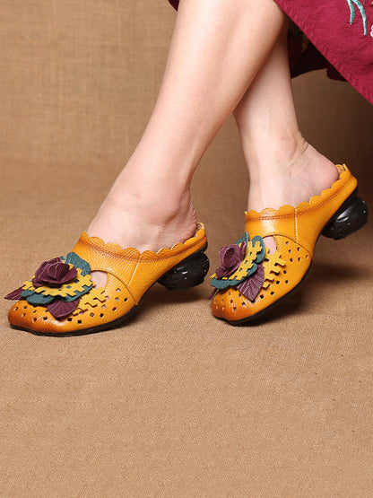 Sandales à talons bas en cuir ethnique pour femmes, été, épissées de fleurs, FD014