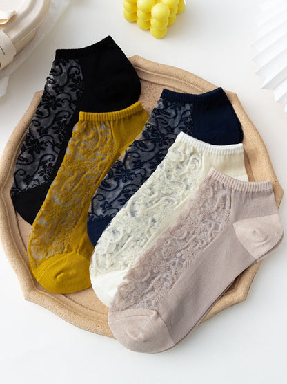 Lot de 5 paires de chaussettes d'été en jacquard fleuri pour femme AA1026