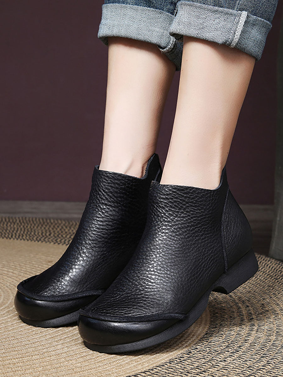 Women Elegant Solid Leather Spliced Low Heel Boots BA1069