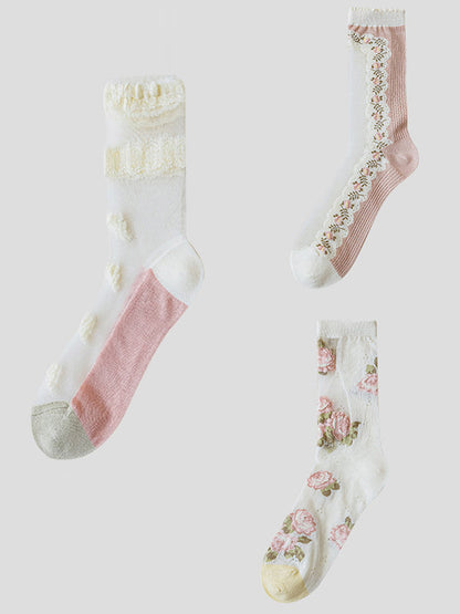 Lot de 3 paires de chaussettes fines en dentelle florale élégante pour femmes BN1032