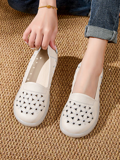 Chaussures mi-hautes en cuir à fleurs pour femmes, talon souple, été