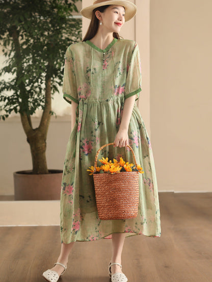 Robe d'été vintage à bretelles florales en ramie pour femmes CX008