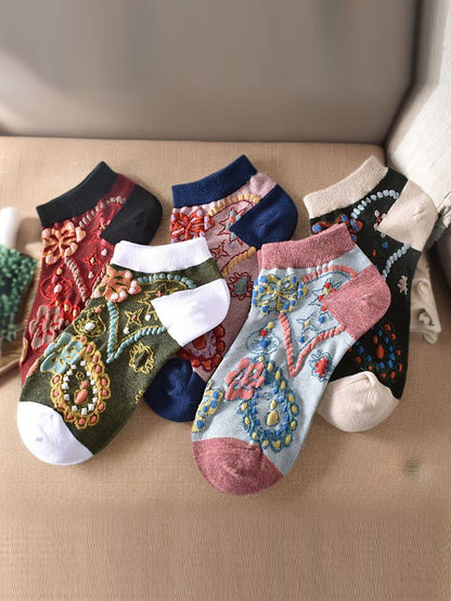 Lot de 5 paires de chaussettes courtes en jacquard fleuri pour femme KL1039