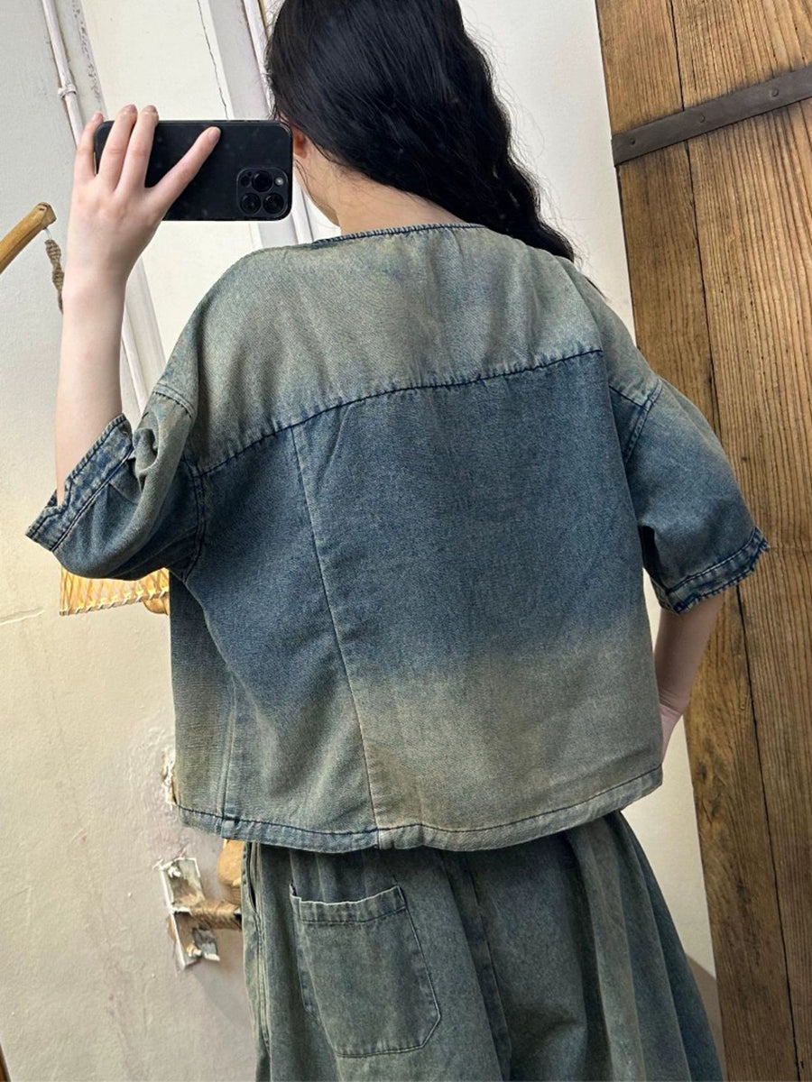 Women Summer Vintage Washed Denim Shirt AS1003