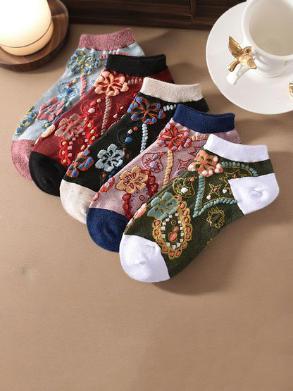 Lot de 5 paires de chaussettes courtes en jacquard fleuri pour femme CO1040