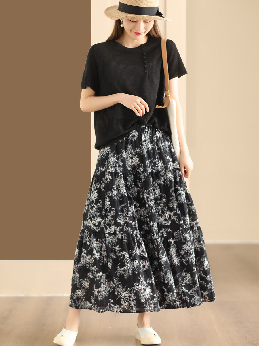 Women Summer Vintage Floral Cotton Loose Skirt CV1037