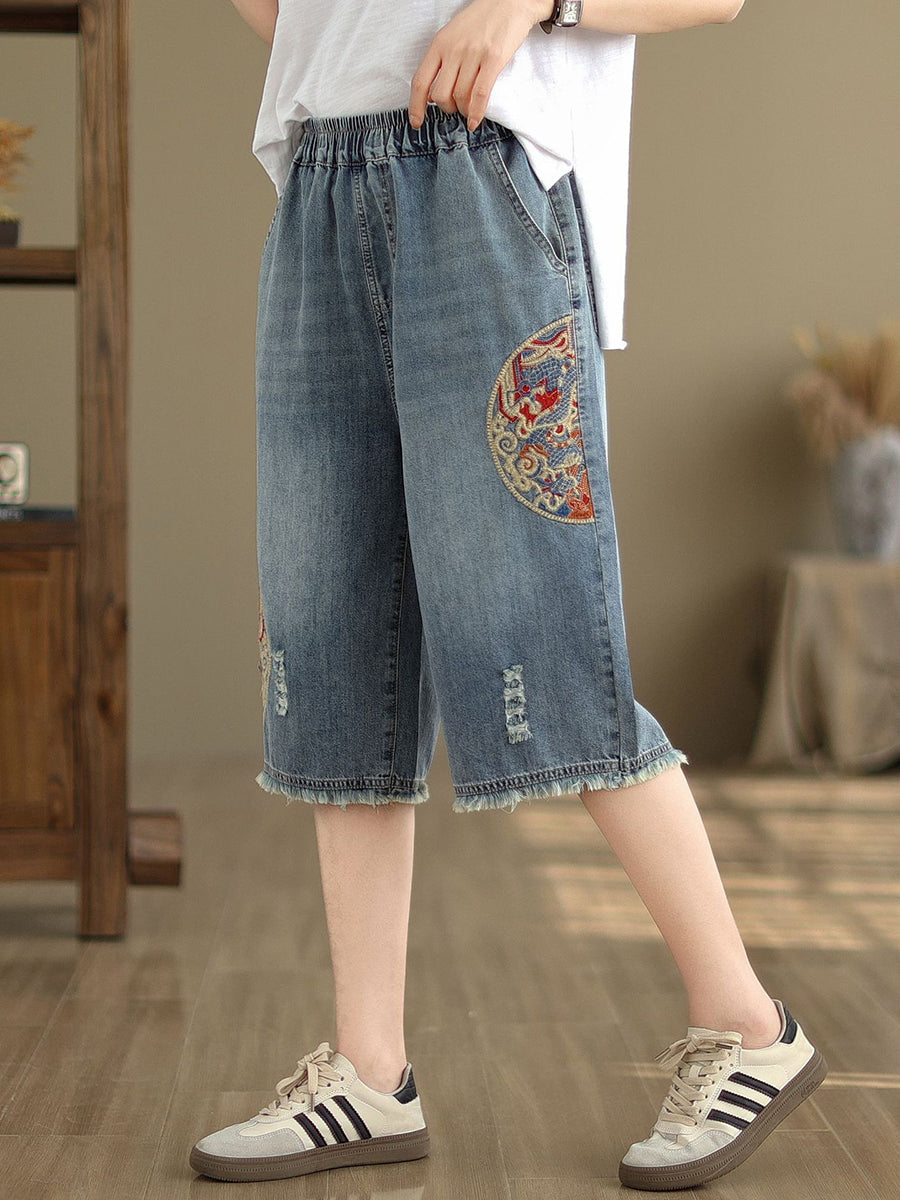 Women Summer Embroidery Knee-Length Denim Pants IO1023