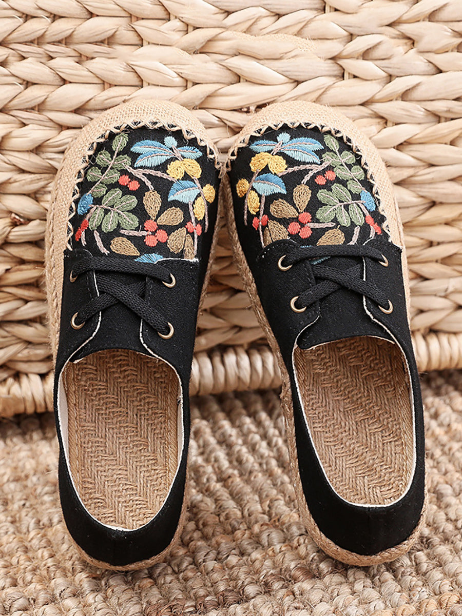 Women Summer Vintage Flower Embroidery Linen Cloth Shoes AT1068