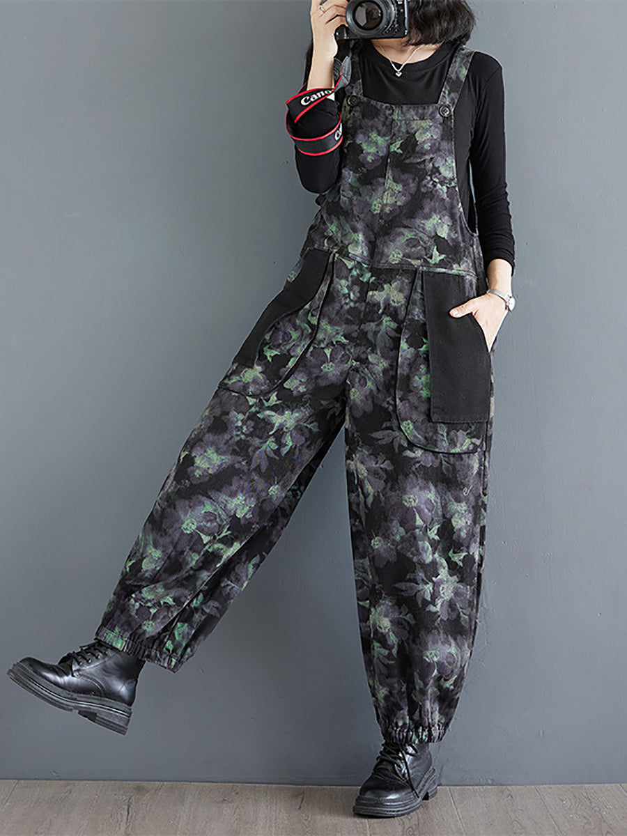 Women Autumn Vintage Flower Colorblock Denim Jumpsuits AI1039