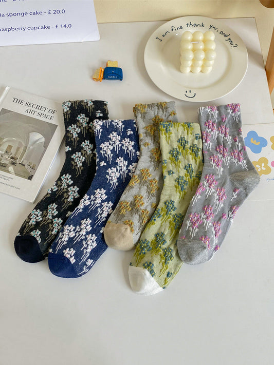 5 Pairs Women Vintage Floral Colorblock Cotton Socks AH1025