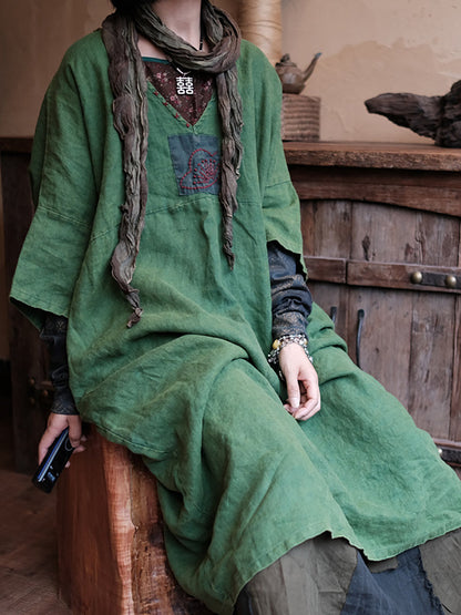 Women Retro Summer Spliced Linen V-Neck Dress AA1033