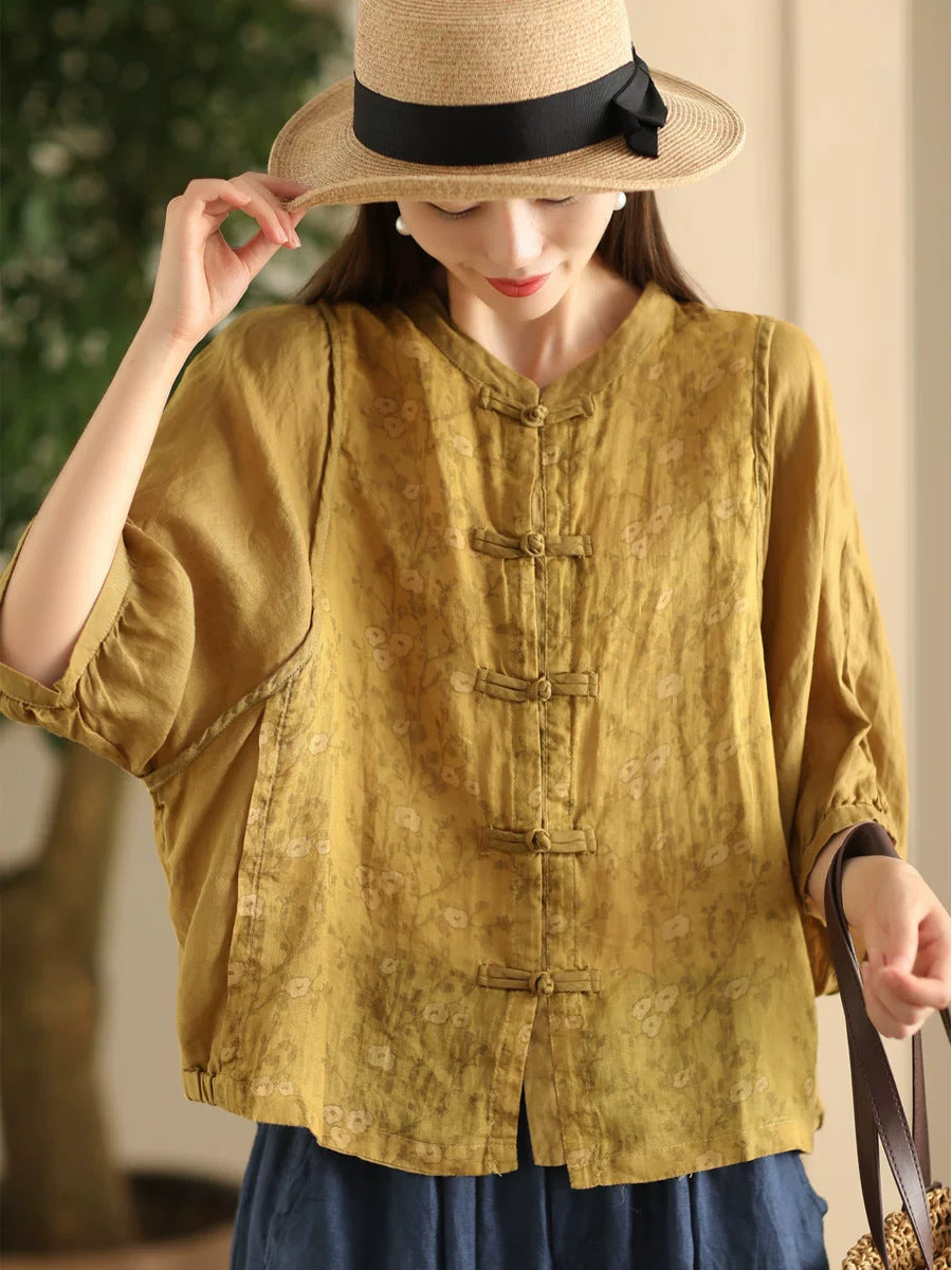 Women Summer Vintage Flower Spliced Button-up Ramie Shirt FD042