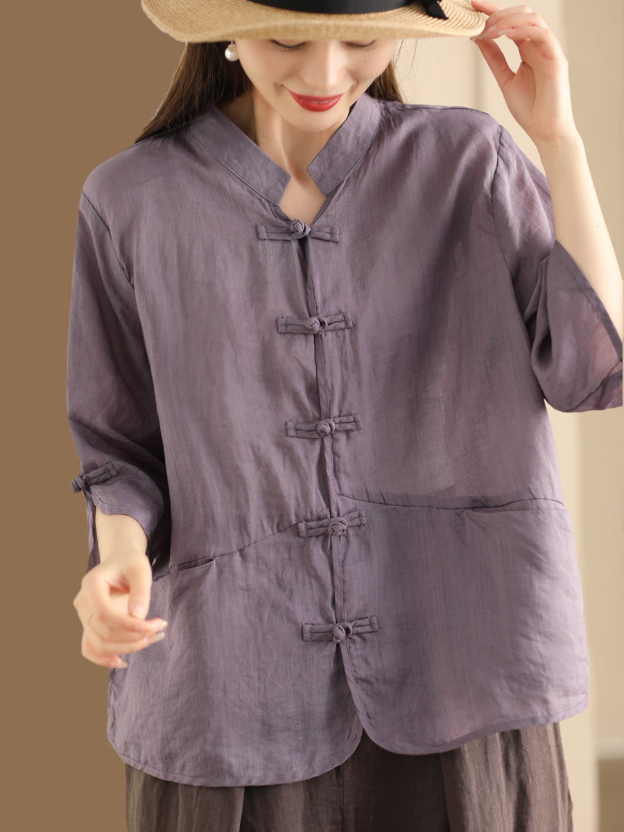 Women Summer Ethnic Solid Button-up Ramie Shirt QW1046