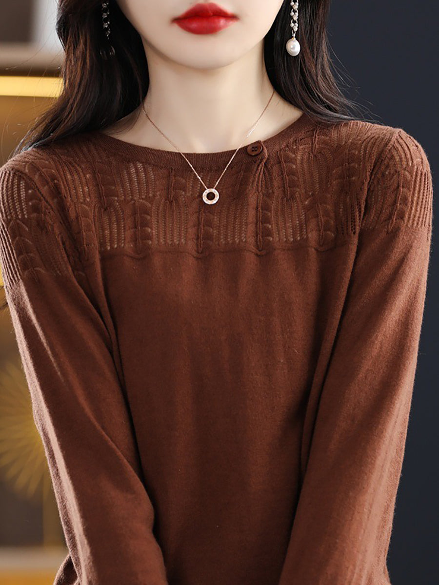 Women Autumn Solid Knit 100%Wool O-Neck Sweater QM019