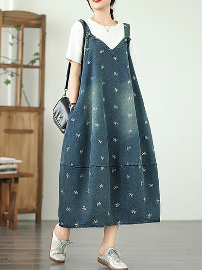 Kleid Overall Denim Bowknot Frauen Sommer Stickerei