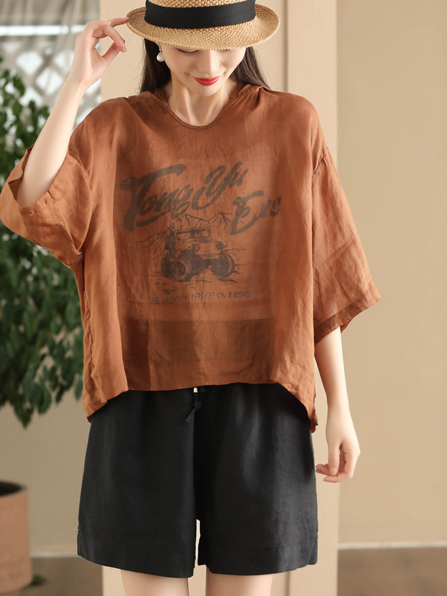 Women Summer Casual Print Thin Ramie HoodedShirt LL038