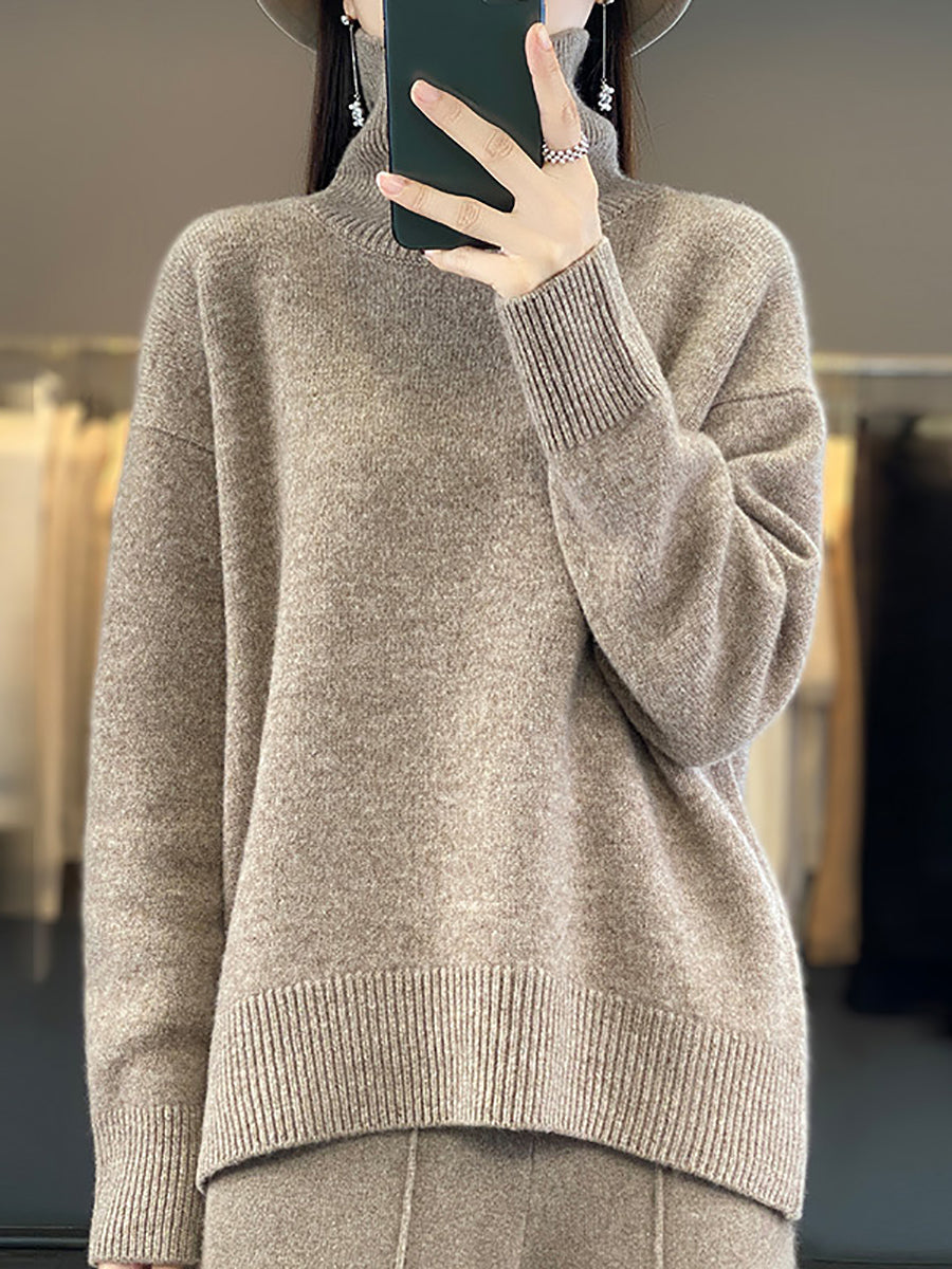 Women Autumn Casual Turtleneck Solid 100%Wool Sweater QU012