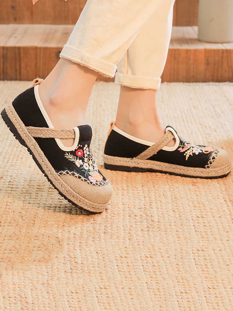 Women Summer Artsy Flower Embroidery Linen Cotton Shoes AT1080