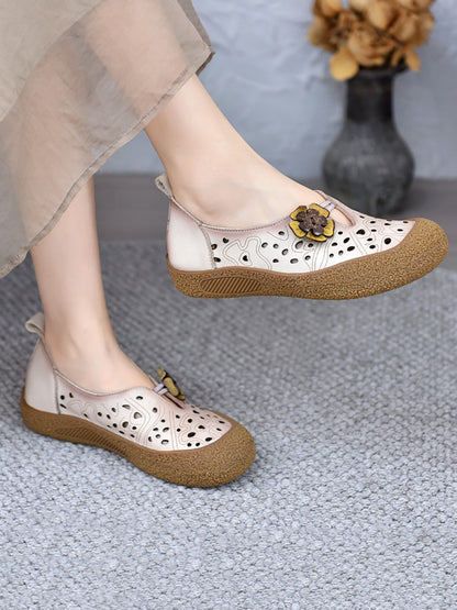 Leather Fashion Shoes Hollow Women Out Flower Flat