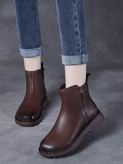 Bottes mi-talons rétro en cuir véritable avec fermeture éclair pour femmes AH1078