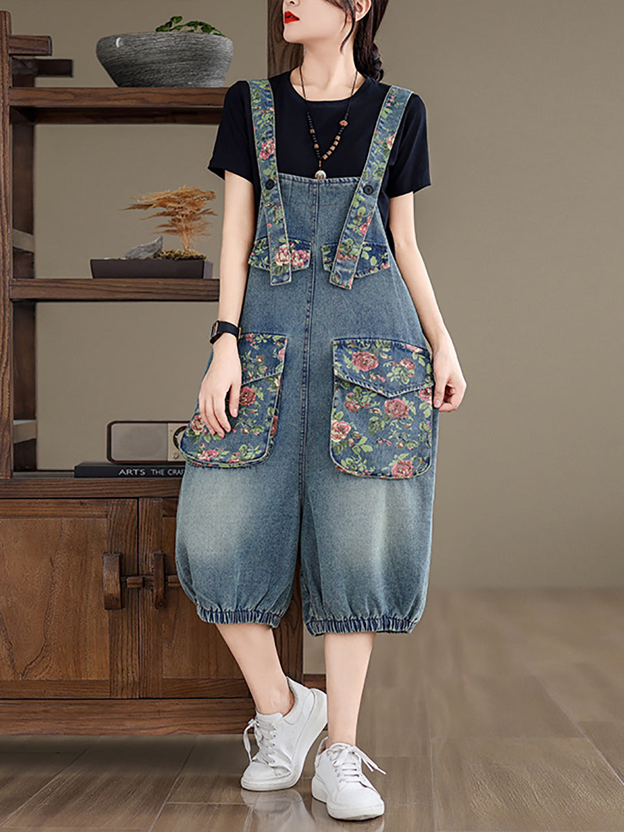 Damen Sommer Retro Blumen Gespleißt Denim Overalls ZZ1021