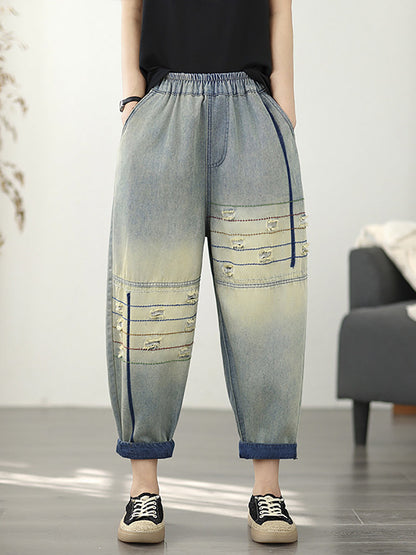 Pantalon sarouel rétro en denim effiloché pour femme 