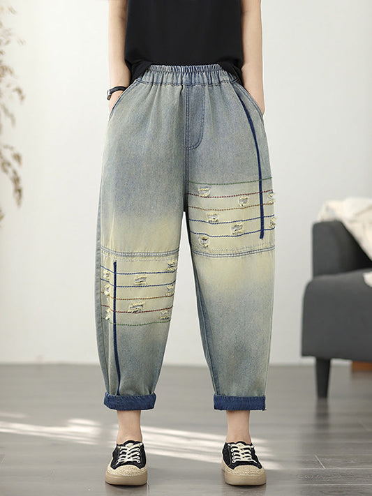 Pantalon sarouel rétro en denim effiloché pour femme 