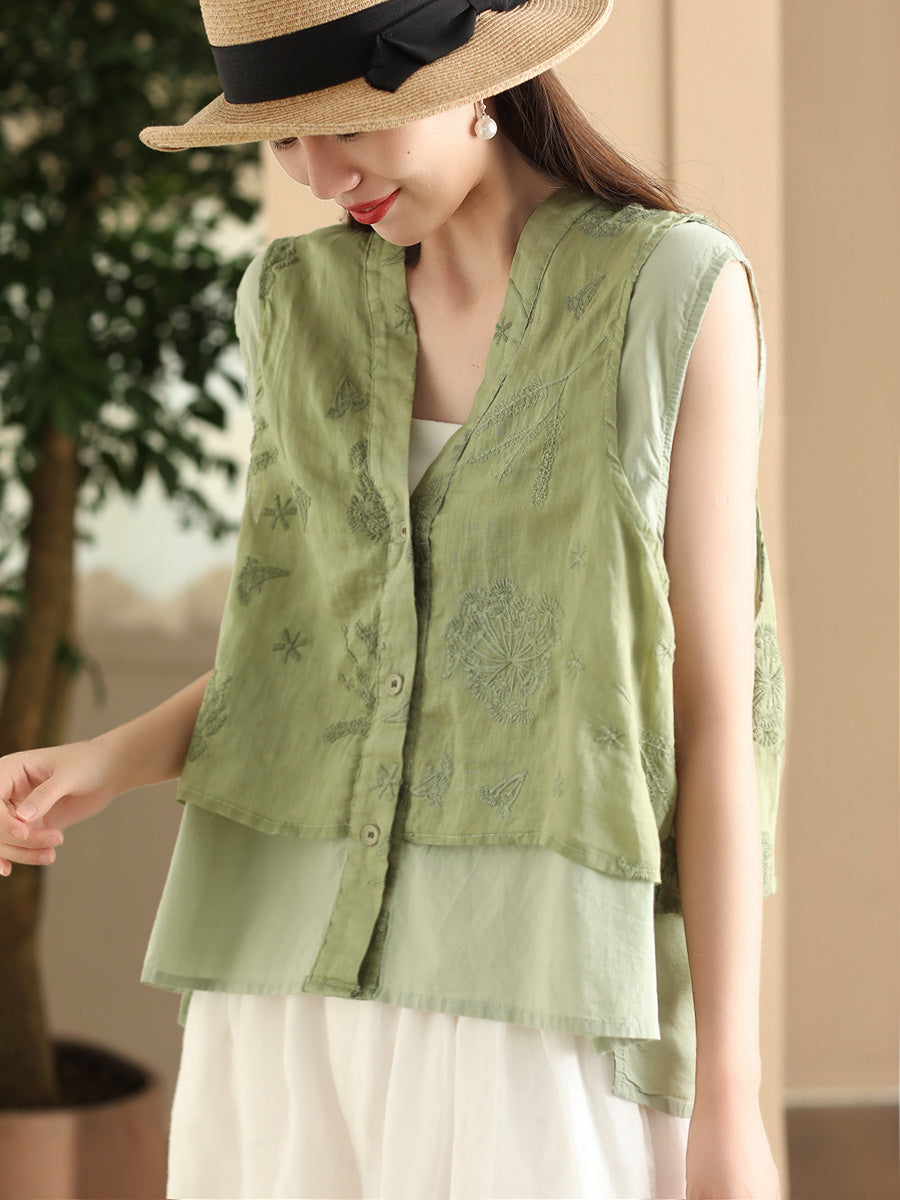 Women Summer Ethnic Embroidery Button-up Spliced Ramie Vest FD001