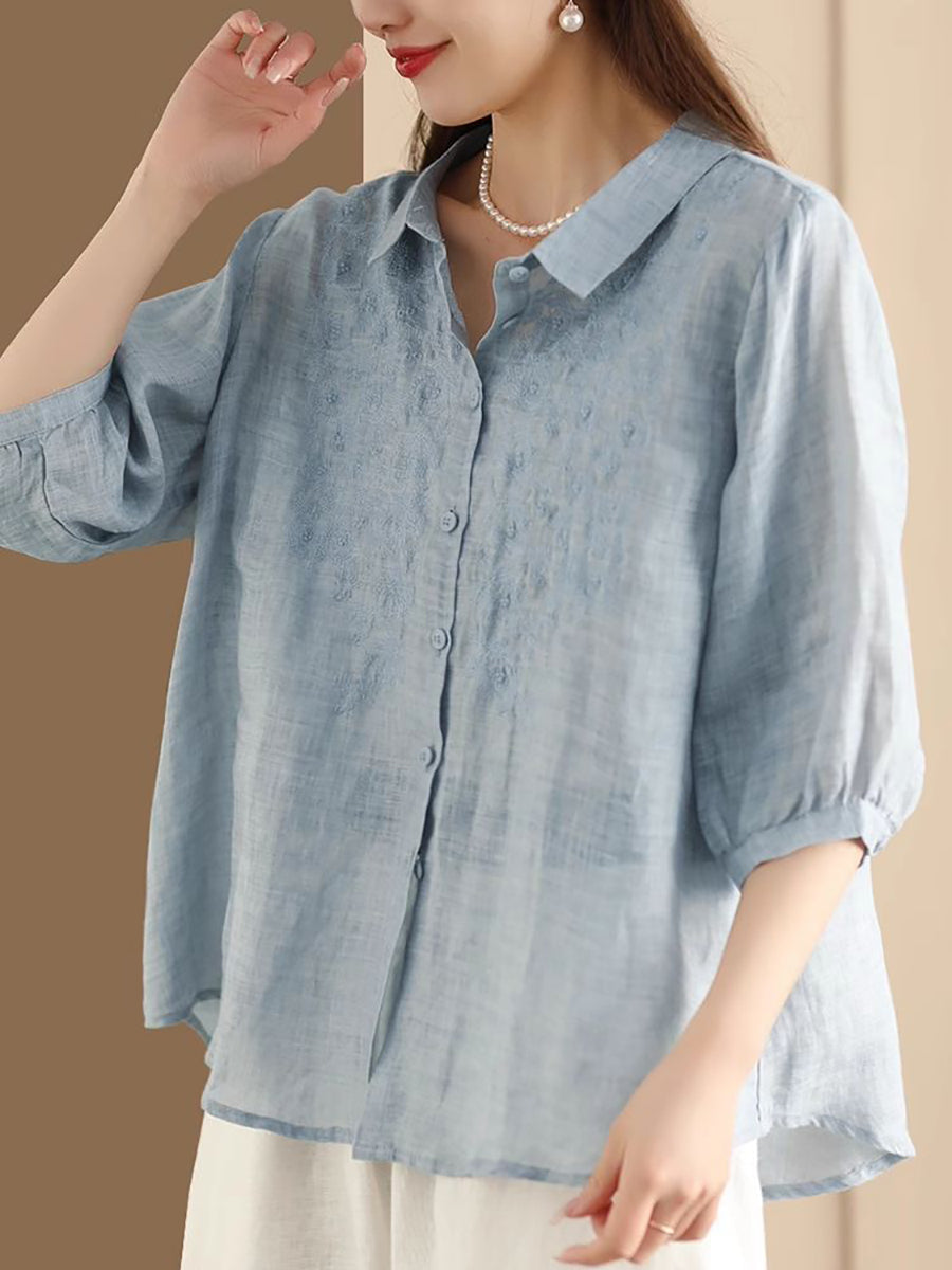 Damen Vintage Stickerei Sommer Ramie Loose Shirt SC1003