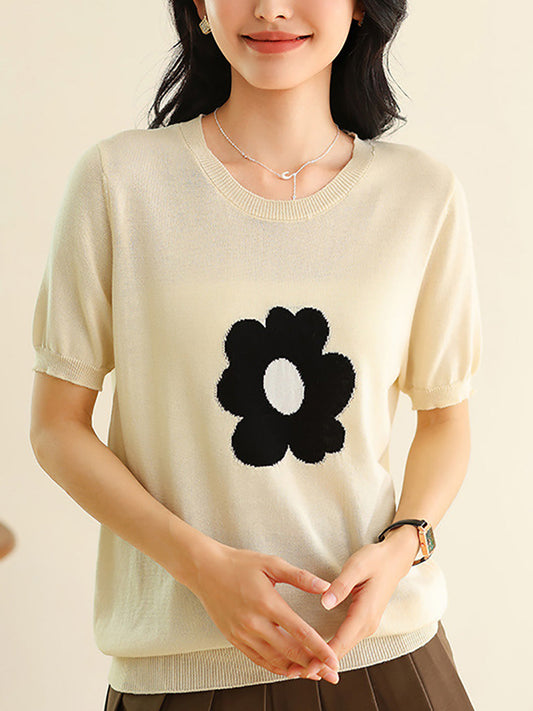 Women Summer Casual Flower Knitted Shirt KL1038