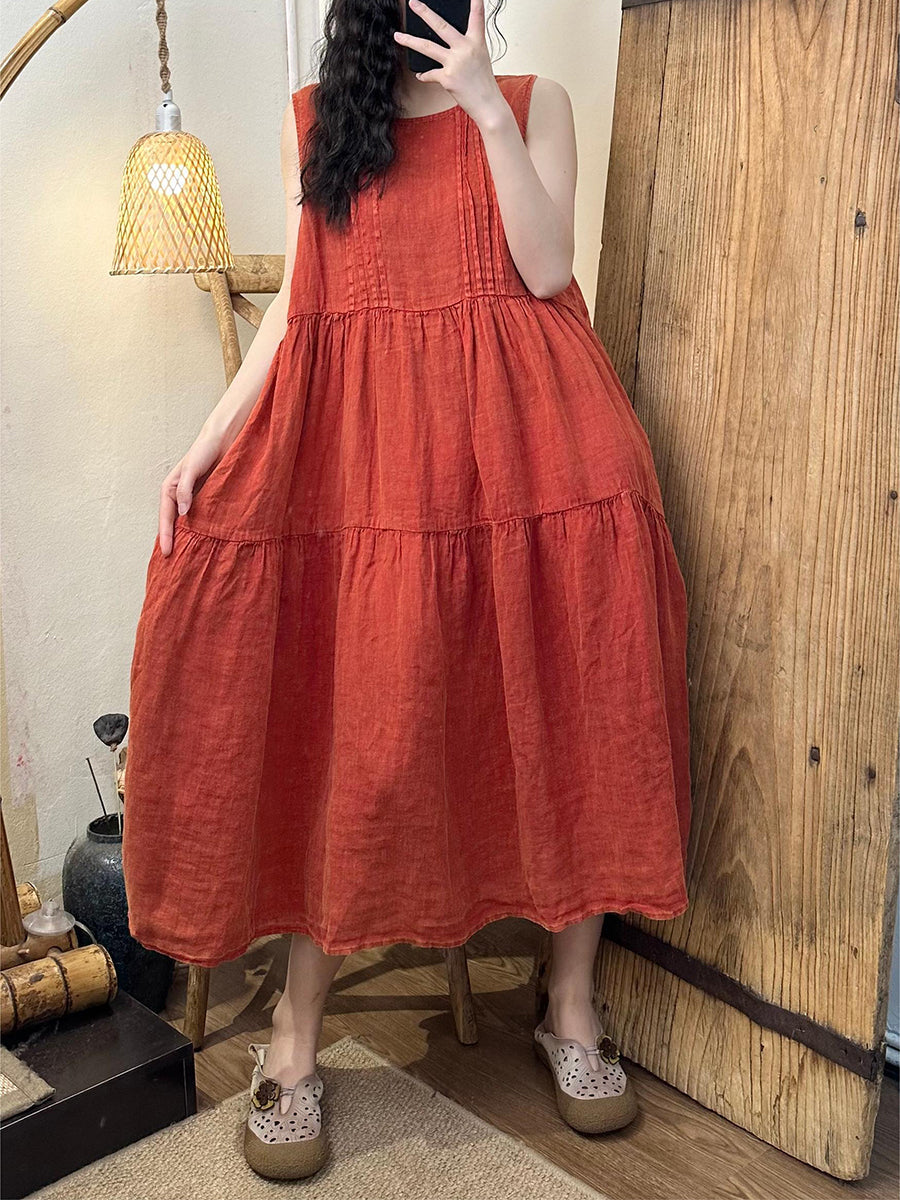 Women Summer Vintage Solid Shirred Linen Vest Dress CV1040