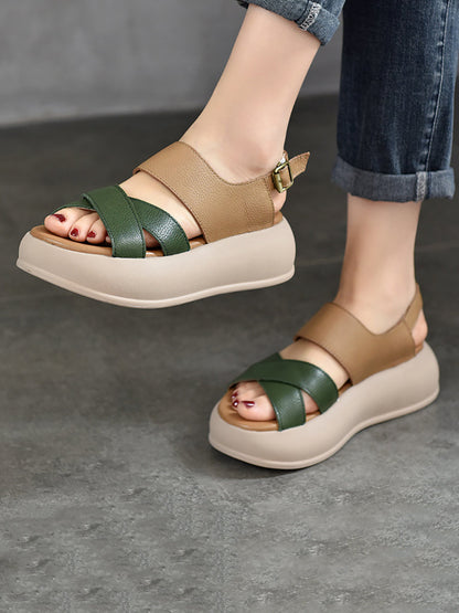 Sandale d'été à plateforme en cuir colorblock pour femme TY1048