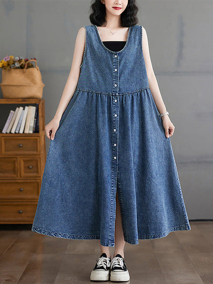 Women Casual Summer Denim A-Shape Loose Vest Dress FD054