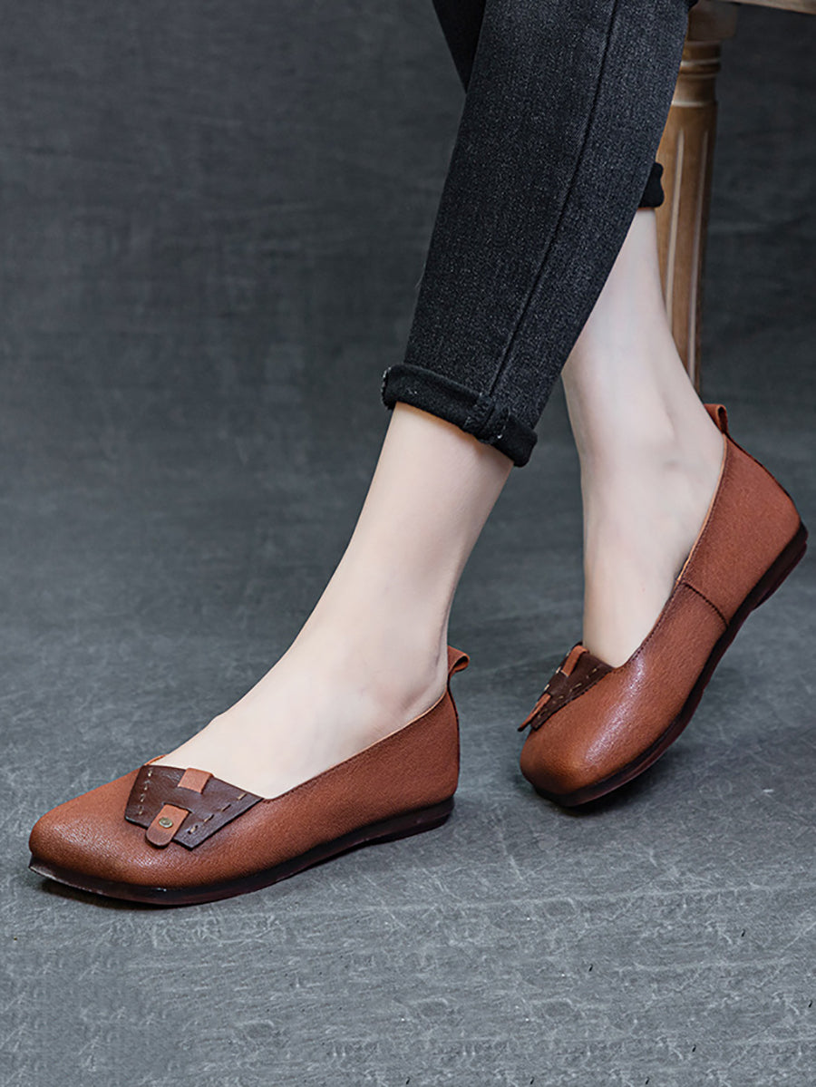 Women Summer Ethnic Colorblock Leahter Soft Flat Shoes KL1025