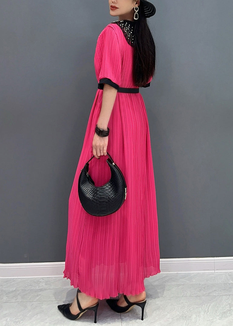 Style Red O-Neck Wrinkled Long Dress Short Sleeve AO1023