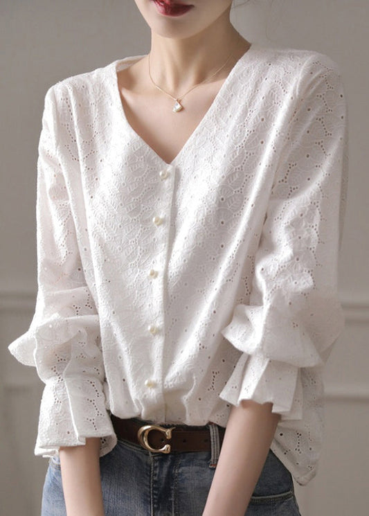 Flare Out French Hollow Weißes Baumwolltop mit V-Ausschnitt und Stickerei 