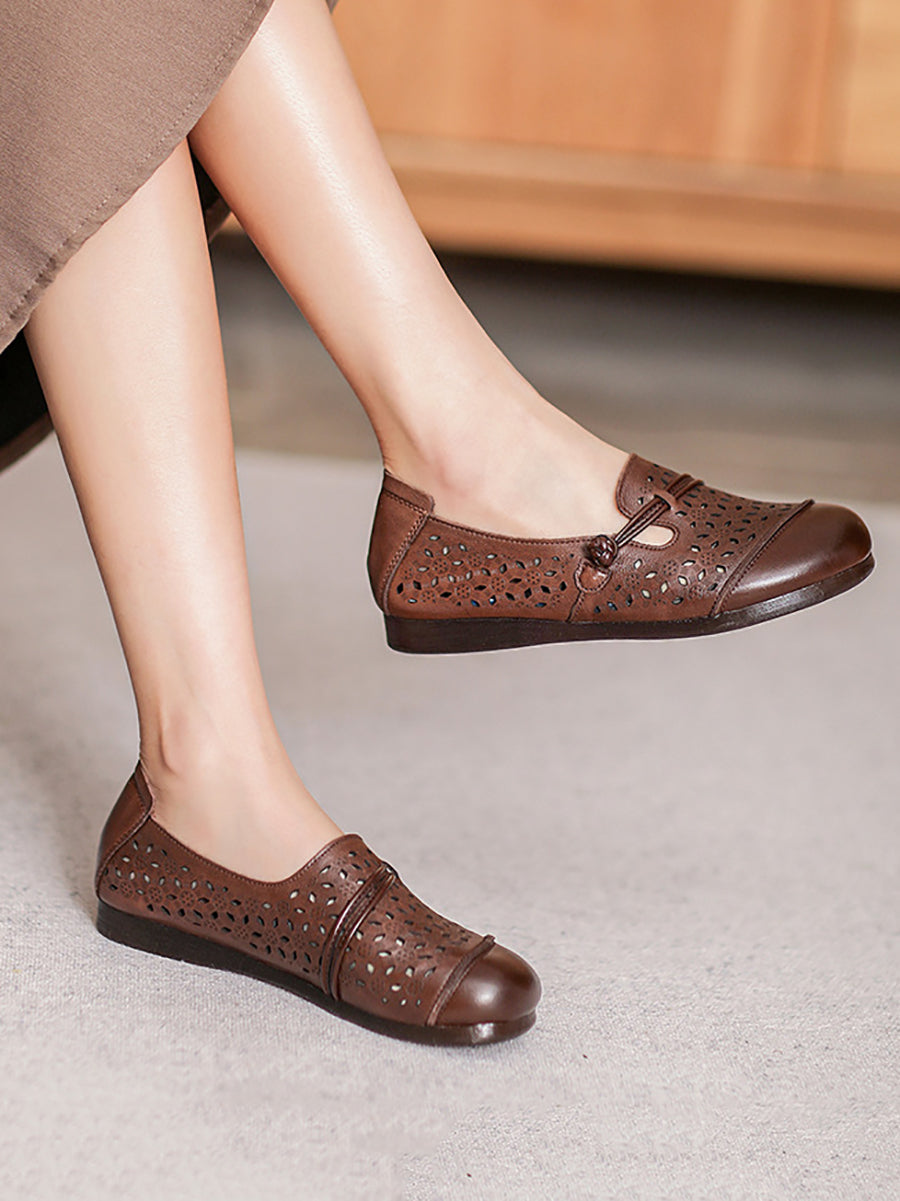 Women Summer Vintage Leather Cutout Soft Flat Shoes BN1038