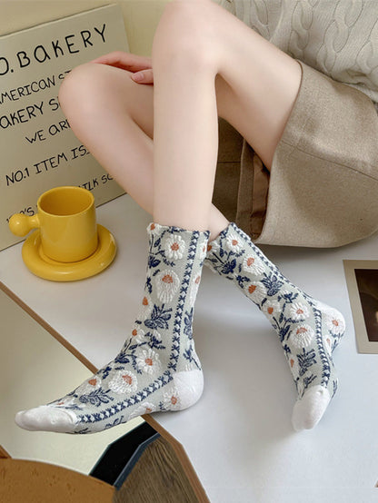 Lot de 5 paires de chaussettes en coton jacquard à fleurs artistiques pour femmes AI1084